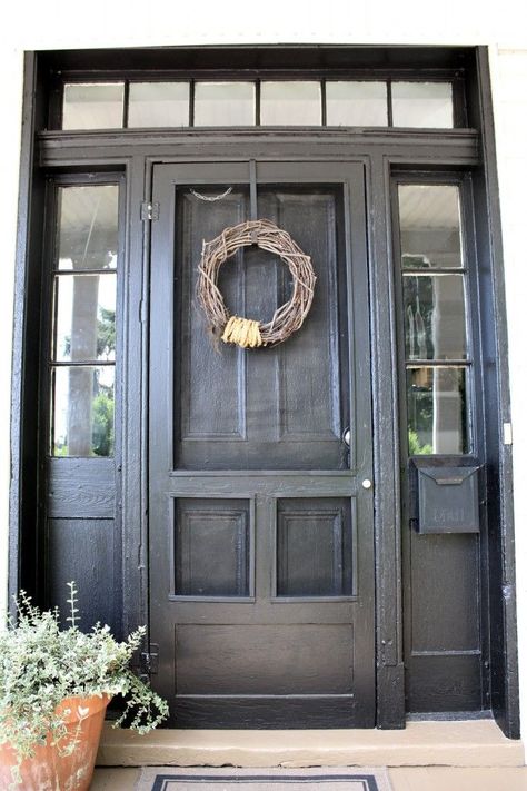 ...  of a new front door, now thinking of painting the house light grey and the front door a deep navy with a classy screen door in the same color. Description from pinterest.com. I searched for this on bing.com/images Front Doors Painted Black, Metal Screen Doors, Front Door With Screen, Painted Exterior Doors, Glass Storm Doors, Old Screen Doors, Exterior Door Designs, Wood Screen Door, Wooden Screen Door