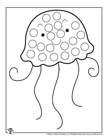 Ocean Dot Coloring Pages | Woo! Jr. Kids Activities : Children's Publishing Jellyfish Activities Preschool Math, Jellyfish Fine Motor Activities, Preschool Jellyfish Activities, Ocean Theme Dot Art, Fish Worksheet, Jellyfish Coloring Page Free Printable, Dot Coloring Pages, Class Worksheets, June Art