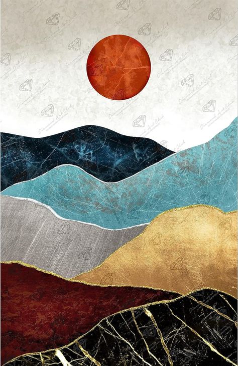 Amazon.com: DIAMOND ART CLUB Abstract Mountains & Sun Diamond Painting Kit, Landscape Diamond Canvas, Round 5D Diamond Art for Adults and All Ages, 13" x 20" (32.8 x 50.7 cm) : Arts, Crafts & Sewing Mountain Abstract Painting, Abstract Sun Painting, Abstract Mountains, Diamond Canvas, Sun Painting, Abstract Mountain, Modern Textiles, Round Canvas, Textile Arts