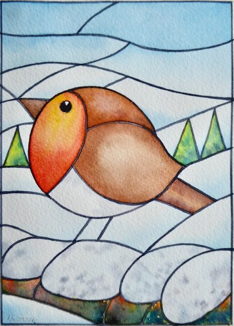 Follow Lesley Linley to paint a stained glass effect robin in watercolour Stained Glass Robin Pattern, Stained Glass Robin, Stained Glass Watercolor, Canvas Inspiration, Christmas Card Ideas, Stained Glass Effect, Watercolor Birds, Linocut Printmaking, Painting Competition