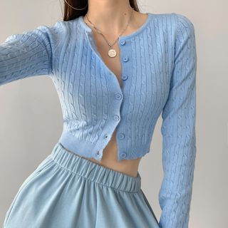 Buy Shira Button-Up Crop Knit Top at YesStyle.com! Quality products at remarkable prices. FREE Worldwide Shipping available! Cardigan Ideas, Korean Sweater, Sport Suit Women, Women Long Cardigan, Female Clothes, Knitting Women Cardigan, Sweater Vintage, Knitting Women Sweater, Women Sleeve