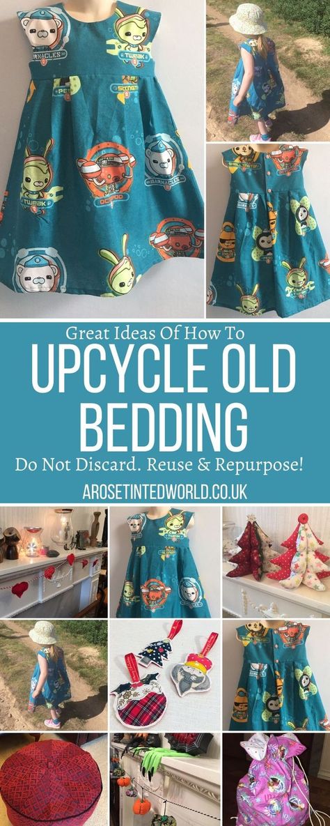 Upcycling Old Bedding - some great ideas & ways to recycle, repurpose or reuse old bed clothes, sheets & duvet covers. Be sustainable & make something new! Sewing ideas and tutorials on how to reuse instead of sending to landfill. Ecofriendly and zero waste. #sewingprojects #zerowaste #upcycling #repurpose #reuse #upcyclingbedding #upcyclongoldbedclothes Repurpose Sheets, Upcycling Ideas Clothes, Bed Clothes, Old Bed Sheets, Plastic Free Life, Old Sheets, Fabric Christmas Trees, Old Pillows, Old Towels