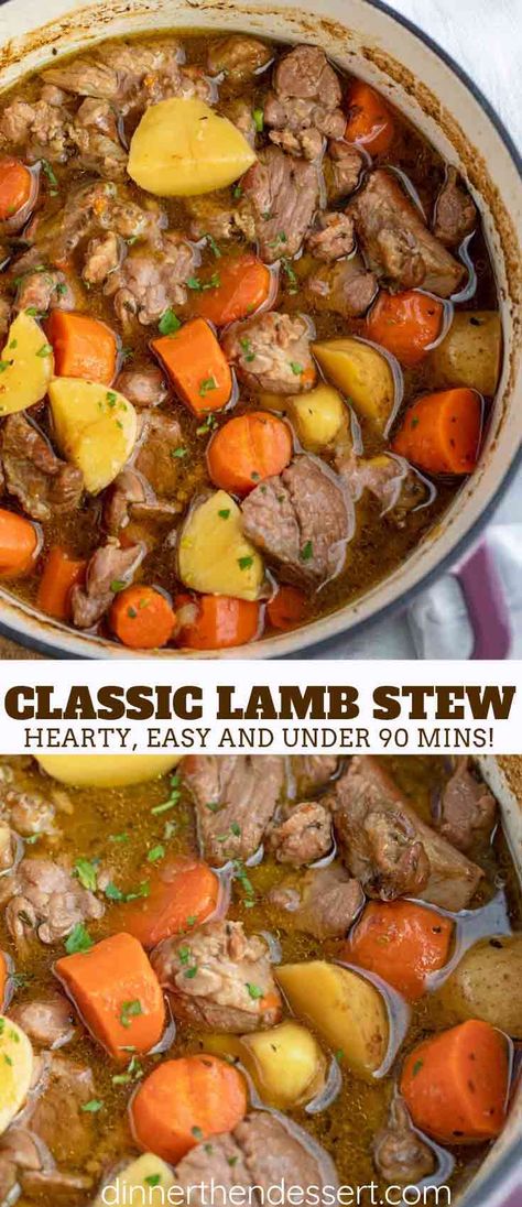 Lamb Stew is hearty and comforting, made with carrots, potatoes, and lamb in a seasoned broth, started on the stovetop and finished in the oven in under 90 minutes! #irish #stpatricks #recipes #hearty #soup #chowder #stew #lamb #dinnerthendessert Lamb Recipes Crockpot, Cabbage Soup Crockpot, Soup Chowder, Irish Lamb Stew, Lamb Casserole, Stew Dinner, Lamb Stew Recipes, Lamb Dinner, Dinner Then Dessert