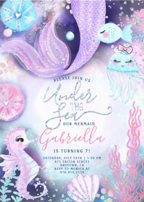 Mermaid under the sea birthday invitations with cute sea animals. Mermaid birthday party invites for girls. afflink Sea Birthday Party Decorations, Mermaid Invite, Under The Sea Animals, Mermaid Party Invitations, Animals Birthday Invitation, 4de Verjaardag, Mermaid Birthday Party Invitations, Under The Sea Birthday Party, Mermaid Birthday Party Decorations