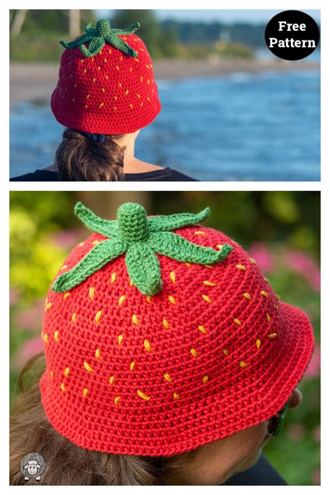 Berry Cute Strawberry Bucket Hat Free Crochet Pattern Free Bucket Hat Pattern, Crochet Strawberry Bucket Hat, Bucket Hat Pattern Free, Strawberry Bucket Hat, Hat Free Crochet Pattern, Bucket Hat Pattern, Kids Mittens, Baby Fruit, Hat Patterns Free