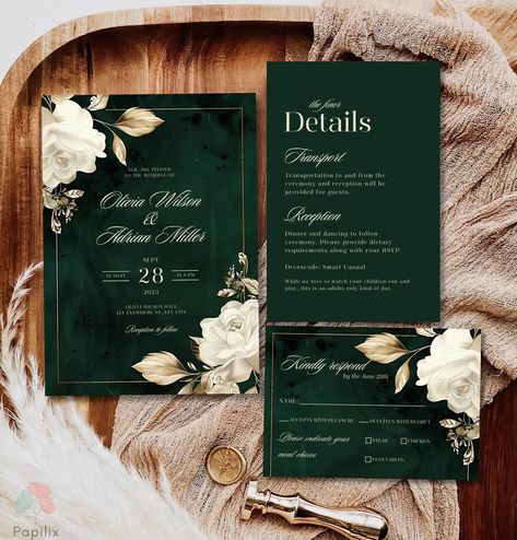 This wedding invitation set is the perfect blend of elegance and romance, featuring a rich dark green background adorned with delicate ivory roses and subtle gold foil accents. This invitation exudes a classic and timeless charm that will leave a lasting impression on your guests. TRY BEFORE YOU PURCHASE Copy the link and paste it into your browser.   DEMO Link: https://www.canva.com/design/DAGMbPD4qhM/DOrGGKAMiLzcwPSXUzrEGA/view?utm_content=DAGMbPD4qhM&utm_campaign=designshare&utm_medium=link&u Dark Green Invitation Wedding, Black Emerald Gold Wedding, Dark Green And Gold Wedding, Wedding Invitation Emerald Green, Emerald Green Wedding Invitations, Wedding Invitation Card Design Emerald Green, Dark Green And Gold Wedding Invitations, Black Green Gold Wedding Invitations, Green And Gold Wedding