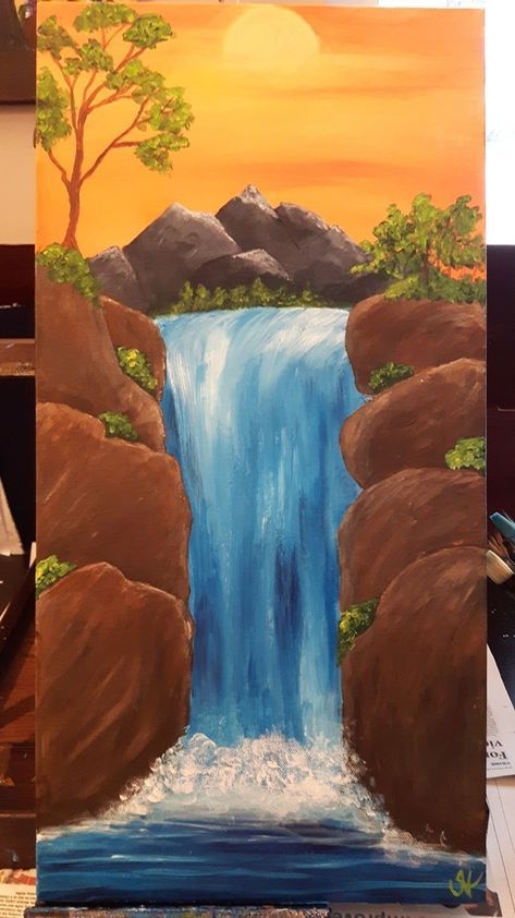 Rock Diy, Rainbow Ideas, Diwali Drawing, Waterfall Painting, Painting Rainbow, Easy Landscape Paintings, Waterfall Paintings, Christmas Paintings On Canvas, Canvas Diy