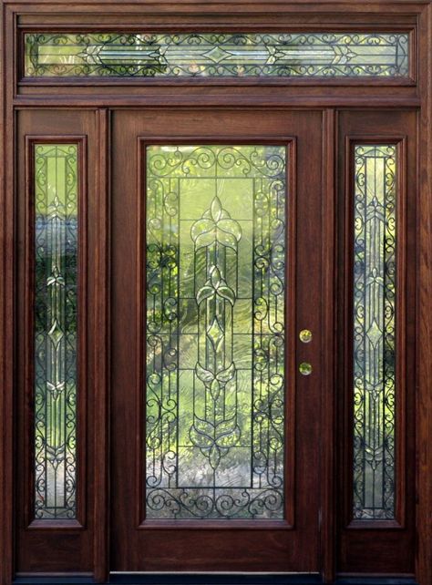 Leaded Glass Front Door With Sidelights, Wooden Door With Glass Panel, Cottage Style Front Doors, Exterior Doors With Sidelights, Doors With Sidelights, Mahogany Exterior Doors, Entry Door With Sidelights, Exterior Entry Doors, Traditional Front Doors