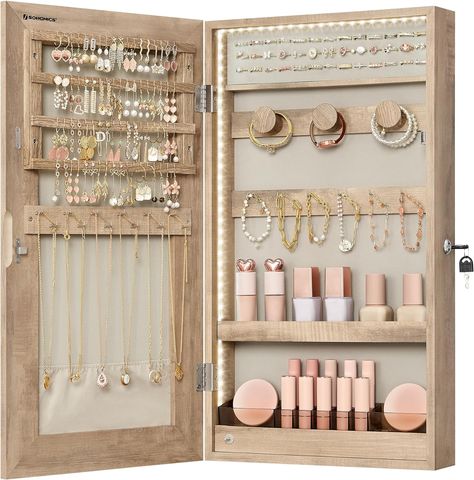 [Large Capacity] With 72 earring slots and 24 earring stud holes, 24 necklace hooks, 39 ring slots, 3 bracelet rods, and 2 shelves, all of your treasures have their places in this 3.8 x 14.6 x 26.4 inches mirror jewelry cabinet—no more mess and tangles! Led Lights Wall, Florida Apartment, Wall Jewelry Organizer, House Organization, Mirror Jewelry, Mirror Jewellery Cabinet, Jewelry Display Case, Jewelry Organizer Wall, Jewelry Organizer Storage