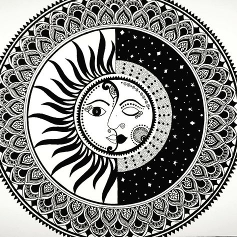 Sun And Moon Mandala Art, Sun Moon Mandala, Sun And Moon Mandala, Chart Paper, Sun Mandala, Moon Mandala, Honey Bun, Sketches Pencil, Mandala Art Lesson