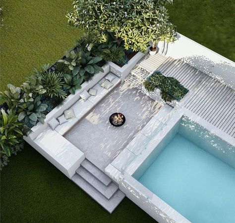 Emma Doman on Instagram: "A sloping site provided the perfect opportunity for a sunken little seating area at the end of the pool. Cosy! This family will enjoy many gatherings in this space over the years." Sunken Seating, Homemade Pools, Pools Backyard Inground, Pools Backyard, Tropical Pool, Backyard Pool Landscaping, Garden Villa, Small Pools, Modern Backyard