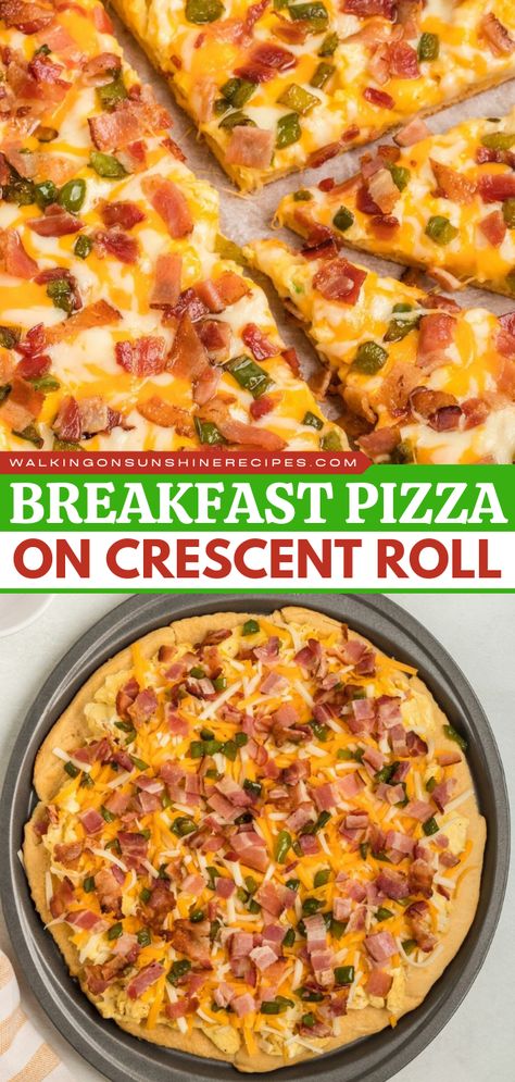 This Breakfast Pizza on Crescent Roll is a simple holiday baking recipe topped with eggs, crumbled bacon, diced peppers, and cheeses. It also makes the best brunch idea! Easy Breakfast Pizza Crescent Rolls, Croissant Pizza Crust, Crescent Pizza Dough Recipes, Keto Breakfast Pizza Recipe, Recipes With Pie Crust Pillsbury, Pillsbury Croissant Breakfast Ideas, Easy Quick Breakfast Ideas For Kids, Pillsbury Pizza Crust Recipes Breakfast, Egg Crescent Roll Recipes