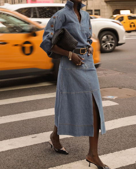 Designed in our signature denim, the Lally Denim Top is an oversized straight-body silhouette with an everyday ease.  Featuring a collared v-neck and functional gold buttons up the sleeves, Lally adds a playful polish to any look. Denim Collection Inspiration, Old Money Denim Outfit, Denim Dress Street Style, Dressy Denim Outfits For Women, Denim Skirt Street Style, Chic Denim Outfits, Body Silhouette, Denim Editorial, Denim Street Style