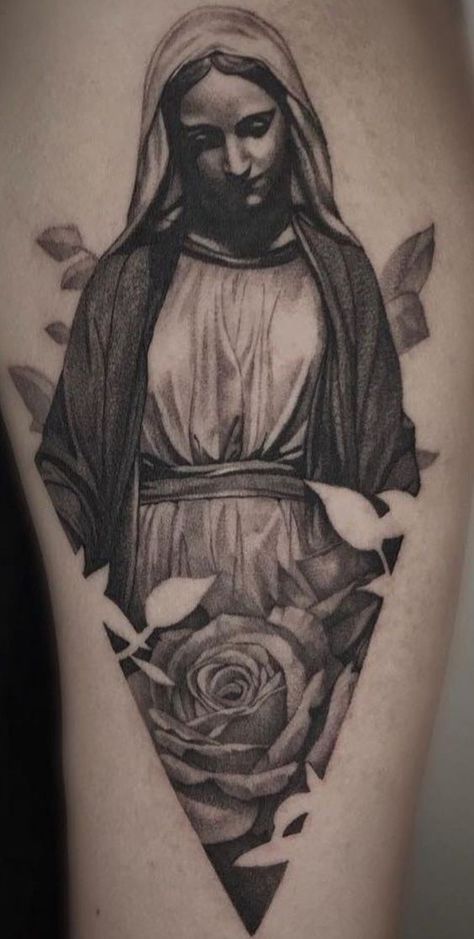 60+ Virgin Mary tattoo ideas: designs on different parts of the body in various styles with pain evaluation. Bonus: a detailed explanation of the meanings. Mother Mary Tattoos, Women's Shoulder Tattoo, Virgin Mary Tattoo, Cool Shoulder Tattoos, Mary Tattoo, Mens Shoulder Tattoo, Religious Tattoo, Jesus Tattoo, Religious Tattoos