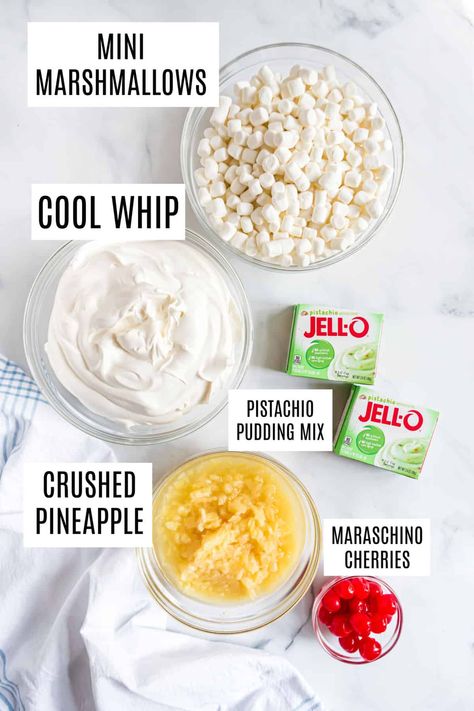 Easy, 4 ingredient Pistachio Fluff Salad recipe is perfect for potlucks and bbq's. Whip up a batch today! Pistachio Fluff Salad, Pistachio Pudding Salad, Pistachio Fluff, Lime Jello Salads, Fruit Salad With Pudding, Fluff Salad Recipes, Easy Fruit Salad Recipes, Jello Dessert, Watergate Salad