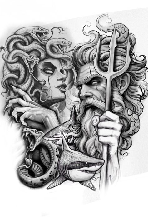 Poseidon Chest Tattoo, Posiden Tattoo Design, Chest Tattoo Men Ideas, Tattoo Men Ideas, Half Sleeve Tattoo Template, Tattoos Lion, Women Viking, Chest Tattoo Drawings, Tattoos Neck