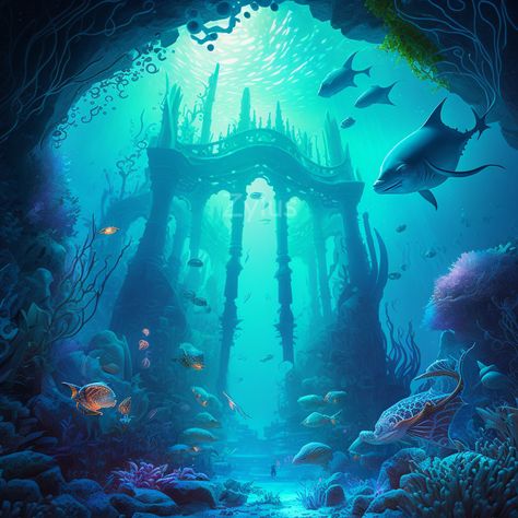 Sea Kingdom Fantasy Art, Fortress Tattoo, Underwater City Fantasy Art, Under The Sea Landscape, Deep Sea Background, City Under The Sea, Fantasy Sea, Sea Murals, Lost City Of Atlantis