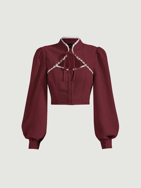 Maroon Elegant Collar Long Sleeve Woven Fabric Plain Top Embellished Non-Stretch Spring/Summer Women Tops, Blouses & Tee Maroon Top Outfit, Brand Collab, Wonderland Clothes, Tops Bonitos, Easy Hairstyles For Thick Hair, Leather Crop Top, Traditional Dresses Designs, Maroon Blouse, Orange Outfit