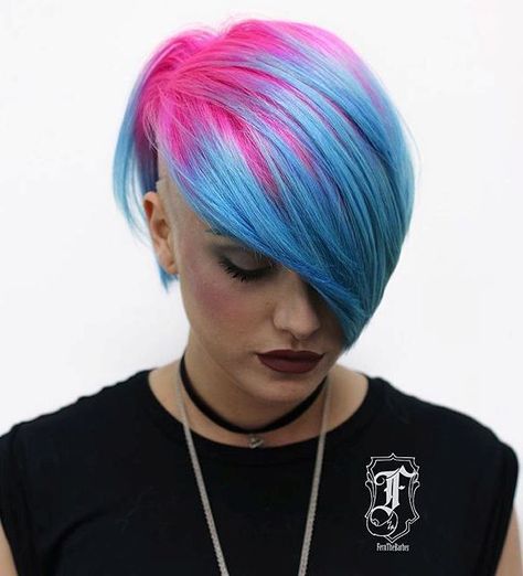 Blue+Asymmetrical+Undercut+Bob Candy Hairstyles, Blue And Pink Hair, Cotton Candy Hair, Vivid Hair Color, Rainbow Hair Color, Creative Hair Color, Candy Hair, Hair Color Crazy, Ombré Hair