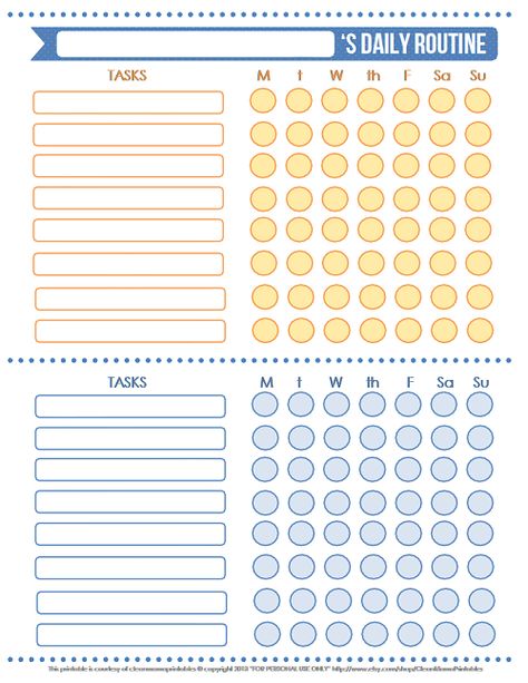 Blue + Orange Daily Routine Chart (fill in blanks and two different colors so could use one half for morning tasks and other half for chores) Hygiene Checklist, Organization Notebook, Daily Routine Chart, Chore Checklist, Chore Chart Template, Kid Responsibility, Responsibility Chart, Adolescent Health, Chore Charts