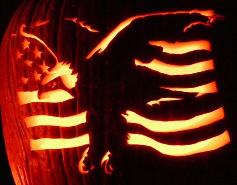 Here's pumpkinglow.com's Eagle and Flag on a real pumpkin. American Flag Pumpkin Carving, Eagle Pumpkin, American Flag Pumpkin, Pumpkin Templates, Eagle And Flag, Pumpkin Idea, Pumpkin Inspiration, Halloween Pumpkin Stencils, Carving Templates