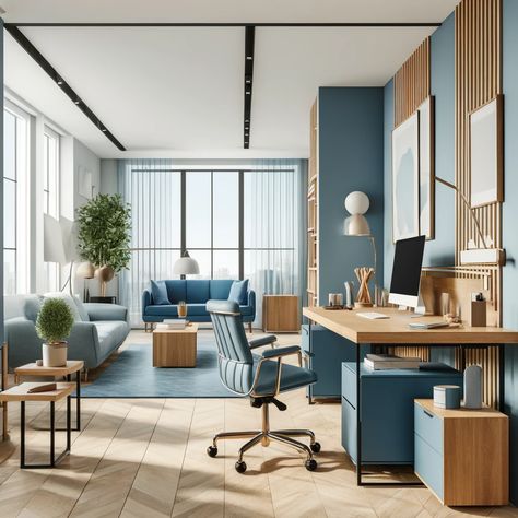 Blue office with natural wooden pieces to create a minimal room with a desk. Blue Accent Office, Coastal Modern Office, Blue Office Design, Blue And White Office, Blue Office Chair, Podcasting Studio, Coastal Home Office, Blue Home Office, Blue Home Offices