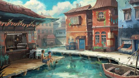 Waterfront Summers, Anna Hollinrake on ArtStation at https://www.artstation.com/artwork/OG2zg Illustration Design Ideas, River Illustration, Water Movement, Tropical Travel, Perspective Art, Environment Concept Art, Environmental Art, Sci Fi Fantasy, Urban Landscape