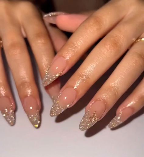 French Tip Nails Shimmer, Shimmer Tip Nails, Wedding Nails With Gold, Gold Rose Nails, Gold Nails Inspiration, Gold Shimmer Nails, Long Nails Brown, Brown Nails Short, Gold And Pink Nails