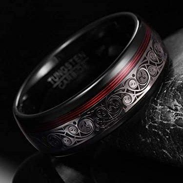 8mm Black Tungsten Carbide Ring,Domed,Celtic Spiral and Red Guitar String,Engagement,Anniversary,Comfort Fit,US sizes-7-12.5. Mens Wedding Rings Black, Nice Rings, Guitar Jewelry, Unique Ring Designs, Celtic Spiral, Black Wedding Rings, Black Tungsten, Tungsten Carbide Rings, Silver Wedding Rings