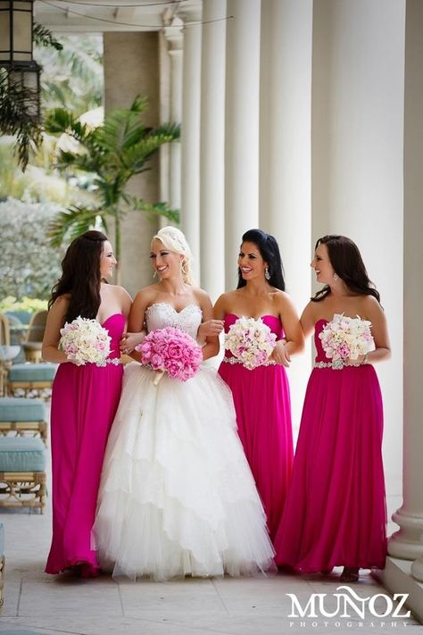 Colors Beach Bridesmaids, Pink Wedding Colors, Beach Bridesmaid Dresses, Hot Pink Weddings, Bride's Bouquet, Pink Dresses, Wedding Wishes, Bride Bouquets, Wedding Pinterest