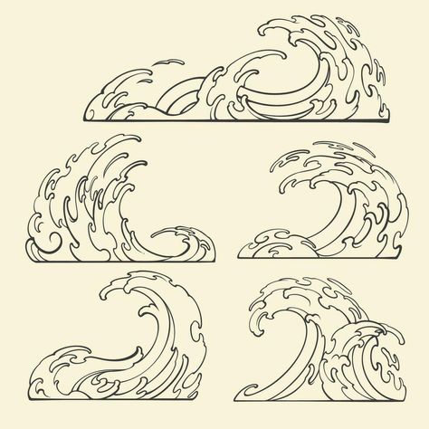 Japanese Wave outline vector art Japanese Waves Art, Japanese Style Waves, Tattoo Waves Japanese, Crashing Waves Drawing, Waves Illustration Art, Wavy Design Pattern, Japanese Sea Art, Japanese Waves Drawing, Water Waves Drawing