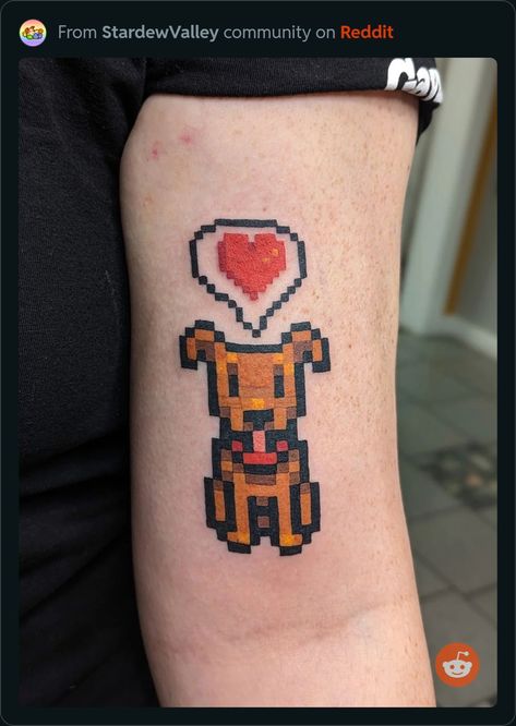 Stardew Valley Tattoo Ideas, Stardew Valley Tattoo, Pixel Tattoo, Horrible Tattoos, Valley Tattoo, Watercolor Tattoo Ideas, Master Tattoo, Fun Tattoos, Tattoo Anime