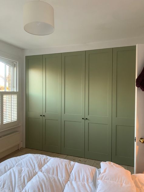 These wardrobe doors have transformed the room - painted in Dulux - Dried Sage, satin finishes with Dowsing & Reynolds knobs @duluxuk @dowsingreynolds Green Closet Doors Bedrooms, Green Door Bedroom, Paint Built In Wardrobe, Sage Green Built In Wardrobe, Sage Wardrobe Bedroom, Green Bedroom Cupboard, Sage Green Fitted Wardrobes, Sage Green Bedroom Wardrobe, Painted Wardrobe Ideas Bedrooms