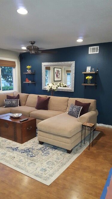 Blue paint color Seaworthy by Sherwin Williams. Perfect for living room accent wall. Beige Bank, Living Room Color Combination, Room Color Combination, Furnitur Ruang Keluarga, Blue Accent Walls, Living Room Wall Color, Room Wall Colors, Accent Walls In Living Room, Living Room Color Schemes