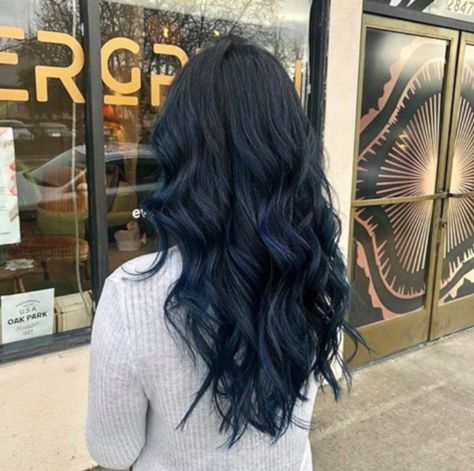 Dark Tinted Hair, Black Hair With Navy Blue Highlights, Dark Blue Tint Hair, Dark Brown Hair With Blue Tint, Dark Blue Brown Hair, Dark Hair Blue Highlights, Blue Hair Color Ideas For Brunettes, Dark Hair With Blue Tint, Dark Blue Dyed Hair