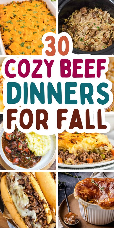 Easy beef comfort food dinner recipes for fall, including cozy casseroles for Sunday dinner, quick ground beef meals for busy weeknights, and healthy soups and stews for fall and winter. Easy Homecooked Meals Dinners, Easy Recipes For Large Families, Supper With Beef, Yummy Cozy Dinners, Beef Family Dinners, Beefalo Recipes, Dinner Beef Ideas, Dinner Ideas Using Beef, Easy Dinner Recipes Comfort Foods