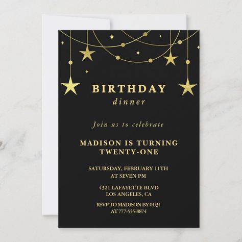 21st birthday invitations Black and Gold Stars 65th Birthday Invitations, 75th Birthday Invitations, Black And Gold Invitations, 90th Birthday Invitations, 70th Birthday Invitations, 20th Birthday Party, 80th Birthday Invitations, 33rd Birthday, 16th Birthday Invitations