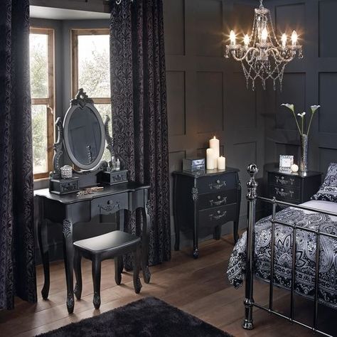 a Gothic space with graphite grey paneling, refined furniture, a forged bed, a crystal chandelier and dark linens Classy Goth Home Decor, Dark Victorian Bedroom Aesthetic, Villain Bedroom, Dark Victorian Bedroom, Victorian Bedroom Aesthetic, Goth Bedroom Aesthetic, Gothic Rococo, Gothic Bedroom Ideas, Victorian Room