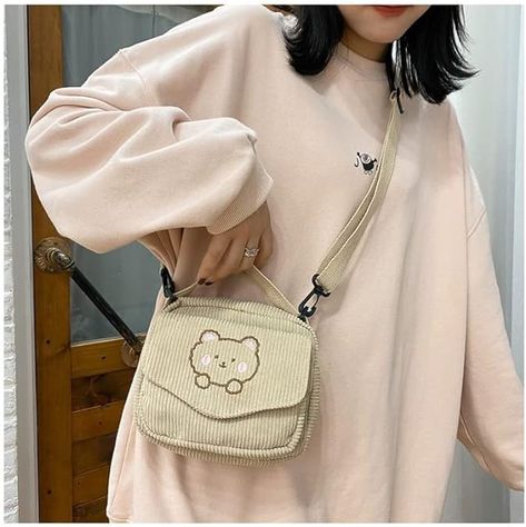 GGOOB Kawaii Purse Crossbody Bag Kawaii Wallet Kawaii Crossbody Bag Kawaii Corduroy Purse Kawaii Purse, Preppy Mode, Bear Embroidery, Retro Shoulder Bag, Style Kawaii, Beige Handbags, Harajuku Outfits, Soft Girl Aesthetic, Cute Canvas