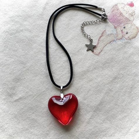 Faux leather cord necklace  with red glass heart pendant ❤️🩹 * stainless steel hardware, chains and star charm ** all metal parts are stainless steel  15.5 inches + extension chain Can be made a bit longer, just message me! Leather Chain Necklace, Vintage Heart Pendant Necklace, Ribbon Necklace With Pendant, Y2k Necklaces, Red Heart Pendant, Glass Heart Necklace, Coquette Y2k, Red Clothes, Red Heart Necklace