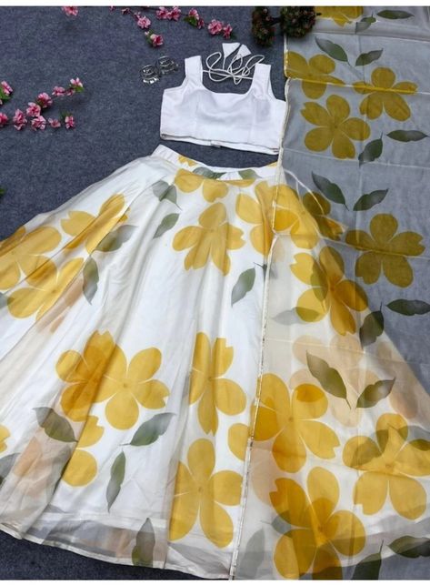 #lehenga choli #yellow #india #girls #women Indian Skirt And Top, Lehenga Top, Haldi Outfits, Stylish Kurtis Design, Haldi Outfit, Indian Skirt, Floral Lehenga, Lehenga Designs Simple, Fancy Blouse