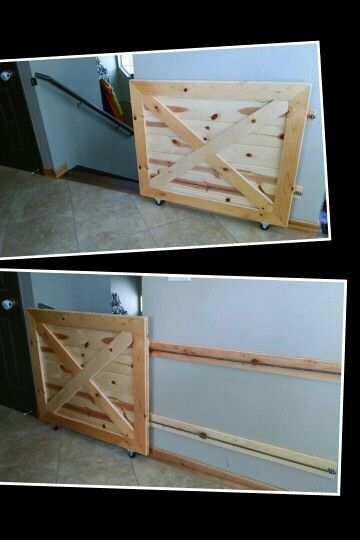 Inside Dog Gate Ideas, Diy Doorway Gate, Sliding Barn Door Baby Gate, Barn Door Dog Gate, Sliding Baby Gate Diy, Diy Sliding Baby Gate, Sliding Dog Gates Indoor, Sliding Baby Gate, Pocket Gate