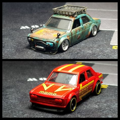 #mycustomhotwheels Datsun 510 Car Cyberpunk, Diorama Art, Custom Diecast, Datsun Car, Wooden Toy Boxes, Datsun 510, Stance Cars, Miniature Cars, Custom Hot Wheels