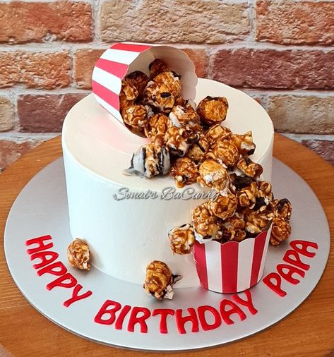 Popcorn Theme Cake, Popcorn Cake Design, Popcorn Birthday Cake, Birthday Cake Popcorn, Popcorn Decorations, Popcorn Theme, Popcorn Cake, Movie Night Birthday Party, Dad Birthday Cakes