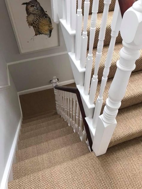 Country Carpet Ideas, Country Cottage Carpet, Natural Carpet Bedroom, Carpet In Stairs, Brown Stair Carpet, Hessian Stair Carpet, Jute Stair Carpet, Beige Carpet Stairs, Cottage Carpet Ideas