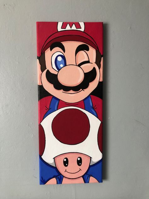 Mario and Toad Personal Paintings Ideas, Easy Mario Painting, Mario Acrylic Painting, Toad Drawing Mario, Mario Painting Ideas, Mario Drawing Ideas, Mario Painting Canvases, Mario Canvas Painting, Disney Canvas Art Ideas