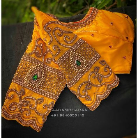 Yellow Aari Blouse Design, Yellow Blouse Design Embroidery, Yellow Blouse Aari Work Designs, Yellow Aari Work Blouse, Sleeve Aari Work Design, Aari Sleeve Designs For Blouse, Yellow Blouse Designs, Exclusive Blouse Designs, Green Blouse Designs