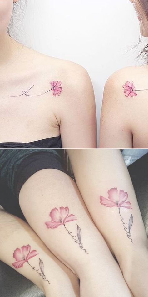 Matching Flower Shoulder Tattoo Ideas for Bestfriends - Pink Floral Arm Wrist Tatouage for Sister 2 or 3 - Ideas Del Tatuaje - www.MyBodiArt.com Floral Friendship Tattoos, Matching Shoulder Tattoos For Women, Sister Tattoos For 5 Sisters, Sisters Tattoo Ideas For 2 Sibling, Sister Wrist Tattoos, 3 Person Tattoo Family, Flower Sister Tattoos, Tattoo Ideas For Sisters Matching, Cousin Tattoos Matching For 3