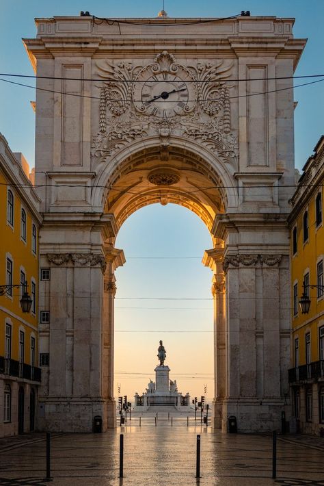 "Lisbon landmark during early morning." Create your Picfair store at: https://www.picfair.com/plus || ARCO ARCH RUA AUGUSTA LISBON TRAVEL NO PERSON LANDMARK PORTUGAL MORNING LIGHT GOLDEN HOUR Lisbon Wallpaper, Lisbon Portugal Photography, Portugal Architecture, Portugal Photography, Lisbon Travel, Photography Store, Budget Travel Destinations, Porto Portugal, Lisbon Portugal