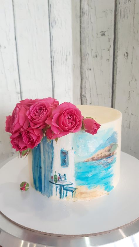 Greek Style Cake Design, Portugal Birthday Theme, Greek Theme Cake, Greek Cake Design, Mama Mia Cake Ideas, Greek Birthday Cake, Mama Mia Cake, Mamma Mia Cake, Greek Party Decorations